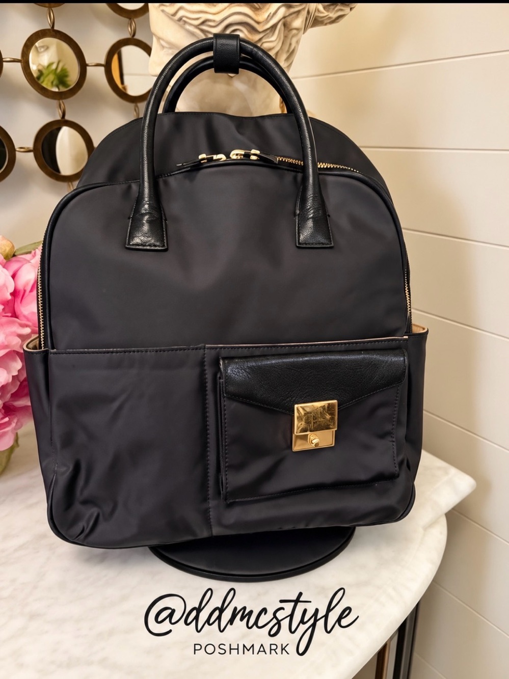 India Hicks sporty Black Nylon Backpack with Gold Hardware multiple pockets